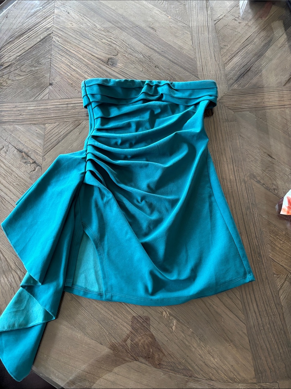 Lucy in the Sky Teal Strapless Ruched Mini Dress with Side Drape